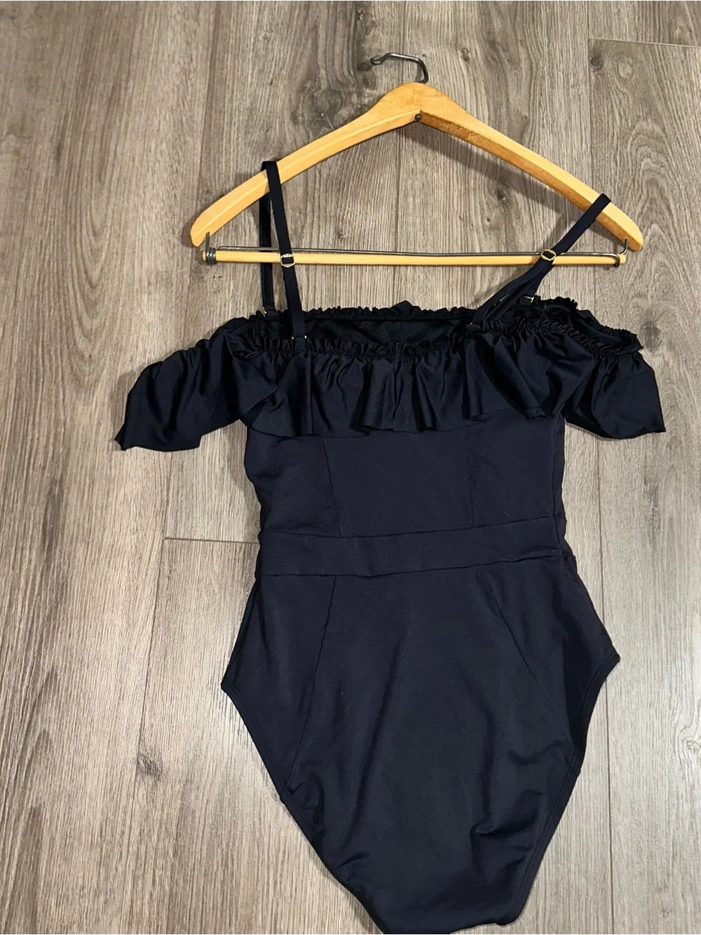 Black Swimsuit Shirred Bandeau Ruffle Removable Straps